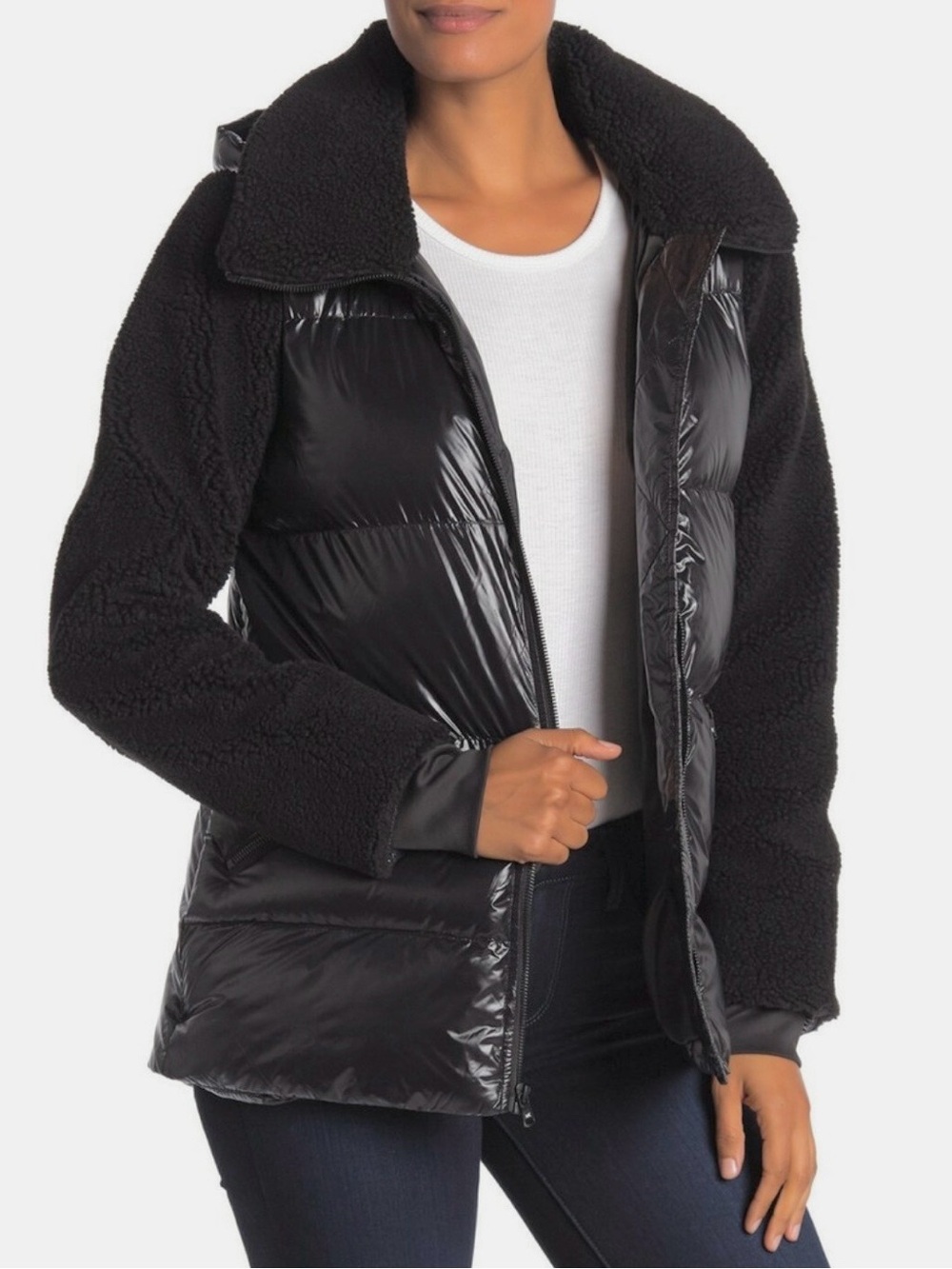 Michael Michael Kors Sherpa Black Hooded Quilted Mixed Media Jacket Puffer Coat